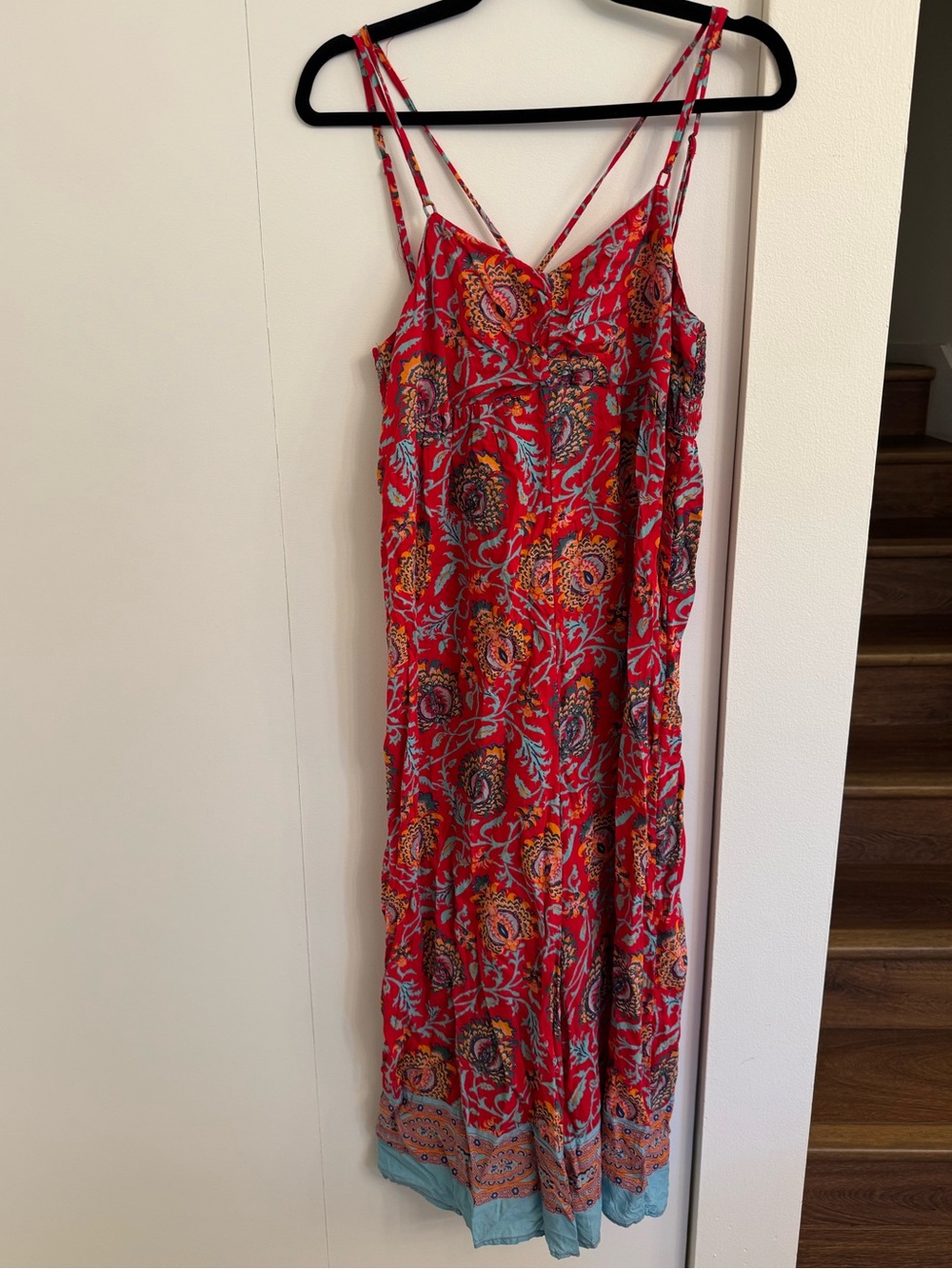 Anthropologie Red Floral Jumpsuit with Strappy Shoulders